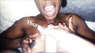 Horny white guy fucking sexy ebony Haitian MILF tits then gives her a huge facial