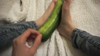 simulating footjob with an huge zucchini by a virgin cute girl