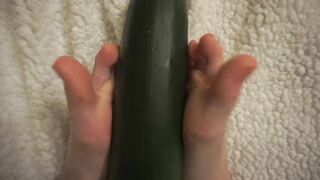 simulating footjob with an huge zucchini by a virgin cute girl