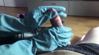 Rubber Gloves And A Lot Of Pre Cum