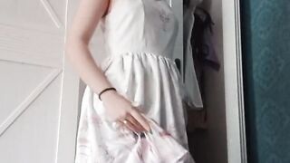 Gentle homemade masturbation in a white dress and a passionate stormy orgasm