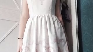 Gentle homemade masturbation in a white dress and a passionate stormy orgasm