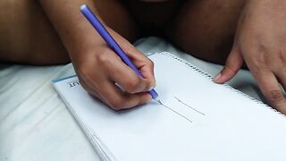 Sexy aunty doesn't get man, draws big cock on paper, pretends to fuck