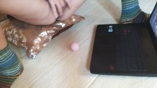 Natural HAIRY PUSSY Girl watching PORN and masturbate with 3 Ping Pong balls