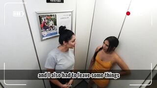 two hot girls stuck in the elevator having public sex