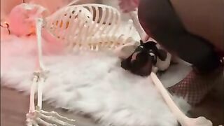 Horny MILF loves Halloween She FUCKS Skeleton with BIG CLEAR DILDO gets Pussy WET