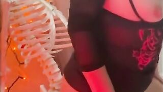 Horny MILF loves Halloween She FUCKS Skeleton with BIG CLEAR DILDO gets Pussy WET