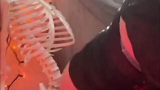 Horny MILF loves Halloween She FUCKS Skeleton with BIG CLEAR DILDO gets Pussy WET