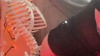 Horny MILF loves Halloween She FUCKS Skeleton with BIG CLEAR DILDO gets Pussy WET